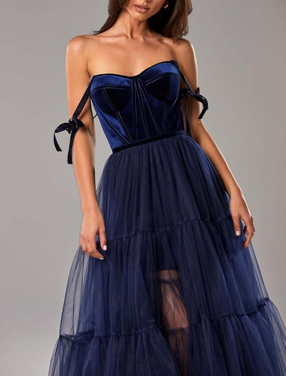 A-Line Prom Dresses Elegant Dress Wedding Guest Tea Length Sleeveless Strapless Tulle with Pleats Pure Color