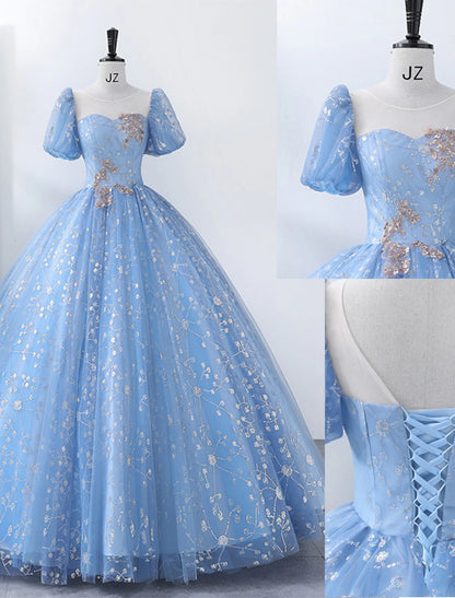 Ball Gown Quinceanera Dresses Princess Dress Performance Floor Length Short Sleeve Square Neck Polyester with Pearls Appliques