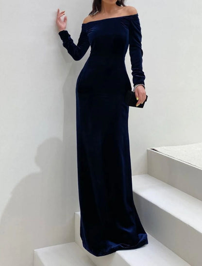 Sheath / Column Evening Gown Elegant Dress Formal Evening Floor Length Long Sleeve Off Shoulder Fall Wedding Guest Velvet with Sleek