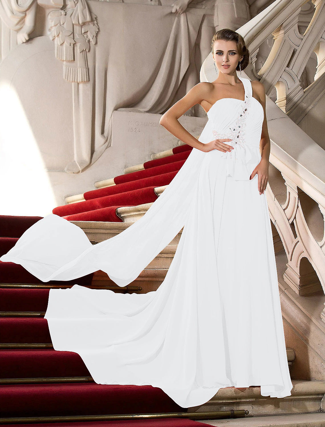 A-Line Elegant Dress Wedding Guest Engagement Court Train Sleeveless One Shoulder Chiffon with Crystals Draping