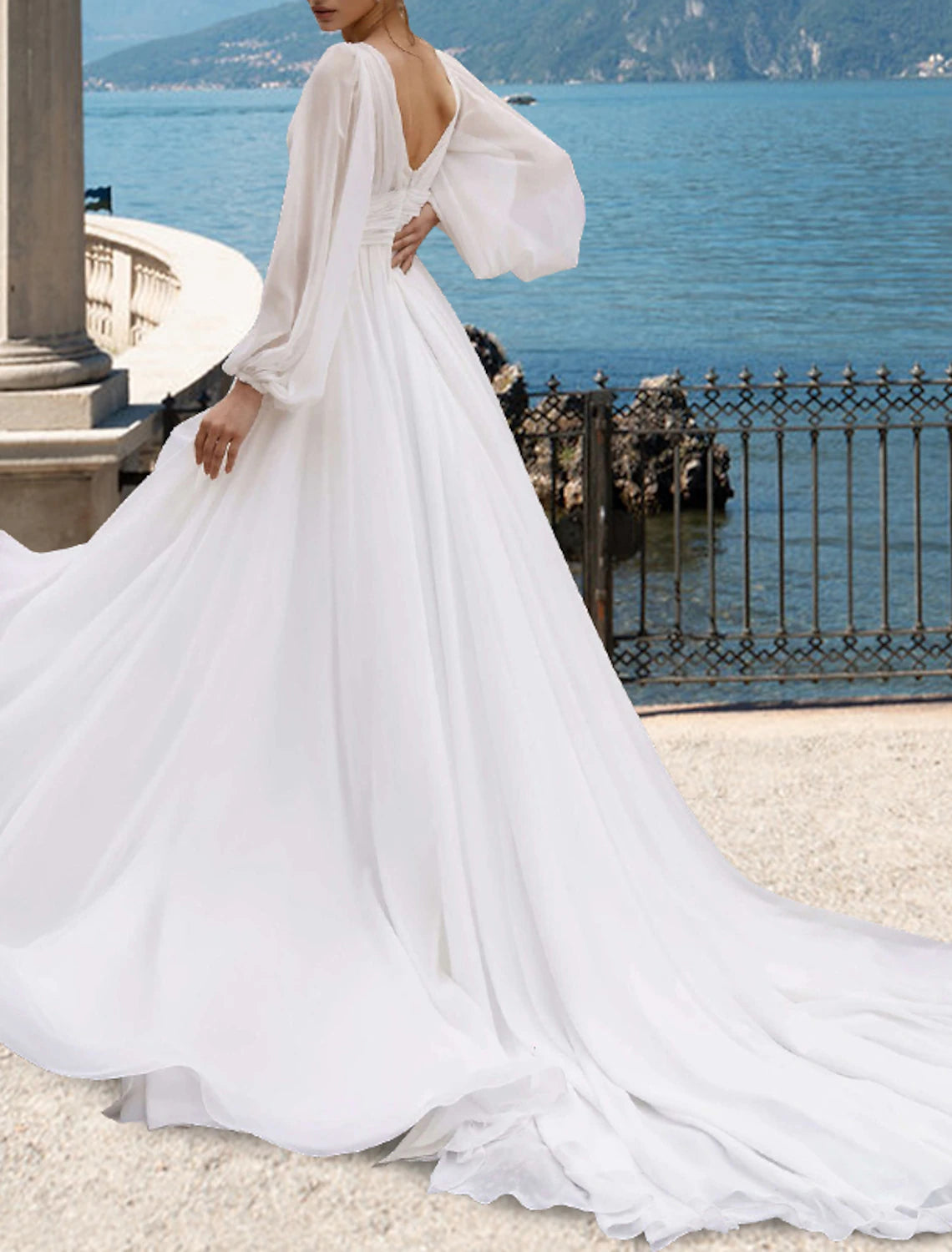 Beach Sexy Wedding Dresses A-Line V Neck Long Sleeve Court Train Chiffon Bridal Gowns With Pleats Split Front Summer Fall Wedding Party