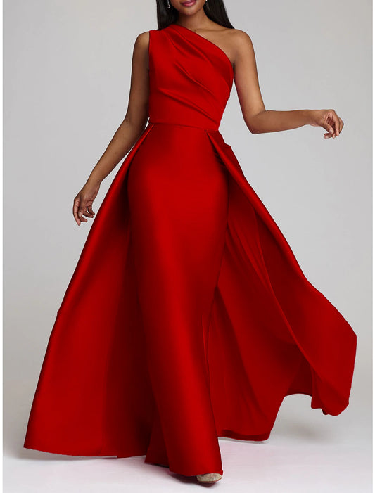 Sheath Red Green Dress Evening Gown Hot Pink Dress Wedding Guest Floor Length Sleeveless One Shoulder Satin with Overskirt Pure Color