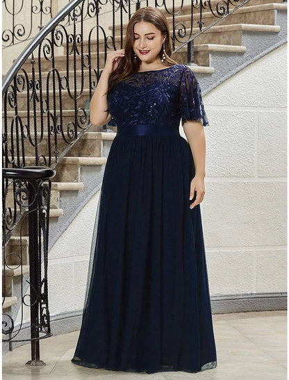 A-Line Empire Elegant Party Wear Prom Dress Jewel Neck Short Sleeve Floor Length Tulle with Embroidery