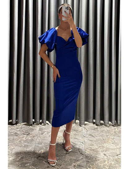 Sheath / Column Cocktail Dresses Party Dress Formal Fall Tea Length Short Sleeve Off Shoulder Satin with Ruched Slit