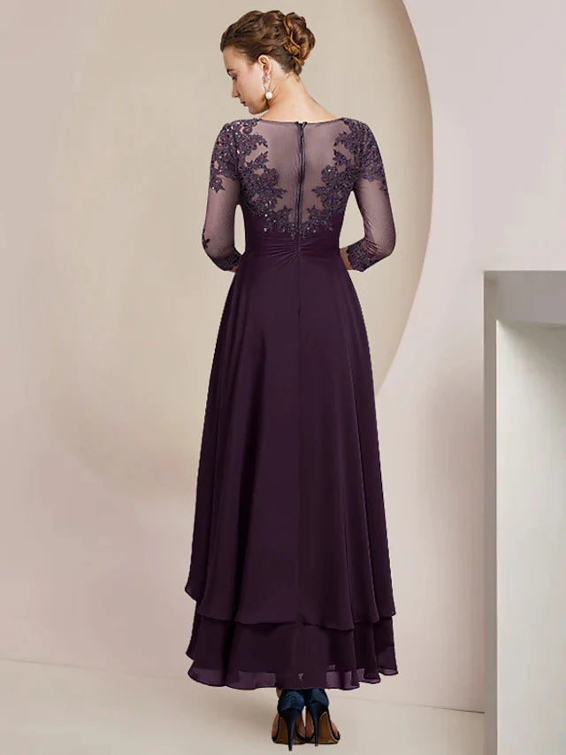 A-Line Mother of the Bride Dress Formal Wedding Guest Elegant High Low Scoop Neck Asymmetrical Tea Length Chiffon Lace 3/4 Length Sleeve with Sequin Tier Appliques