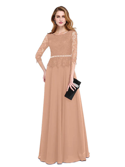 A-Line Mother of the Bride Dress Elegant Jewel Neck Floor Length Chiffon Lace Bodice 3/4 Length Sleeve with Sash / Ribbon Beading