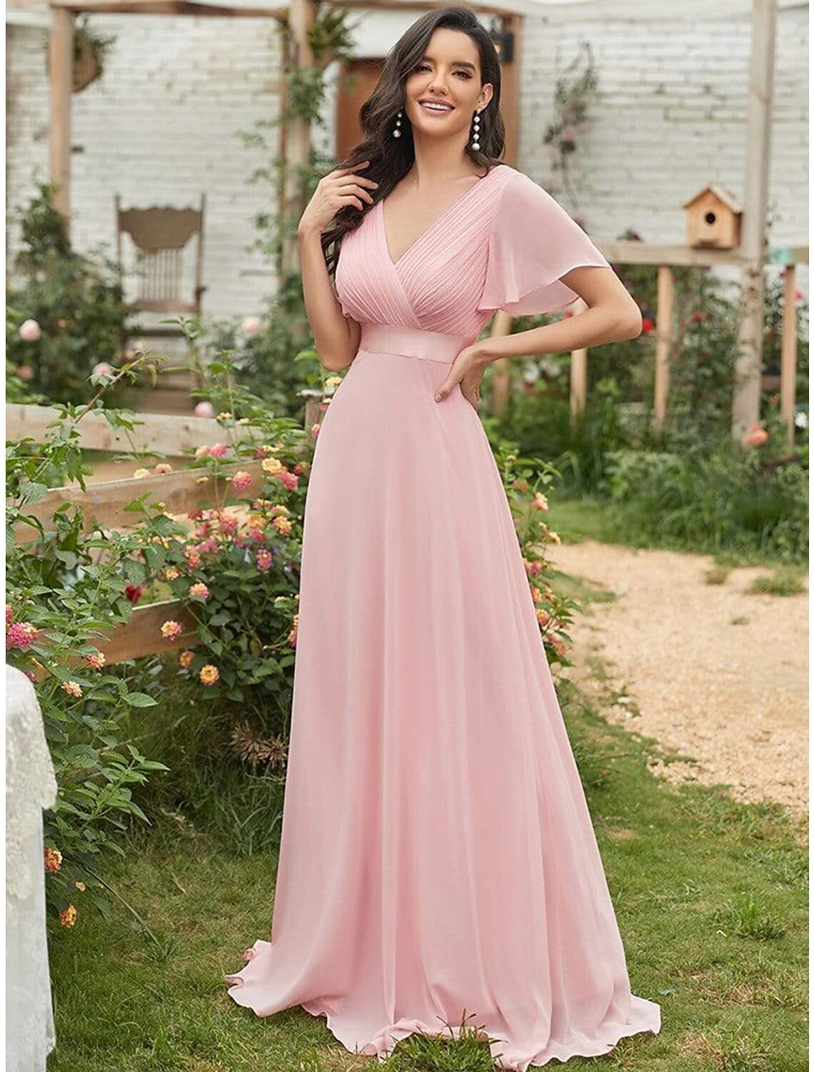 A-Line Evening Gown Party Dress Empire Dress Wedding Guest Formal Evening Floor Length Short Sleeve V Neck Bridesmaid Dress Chiffon V Back with Ruffles Pure Color