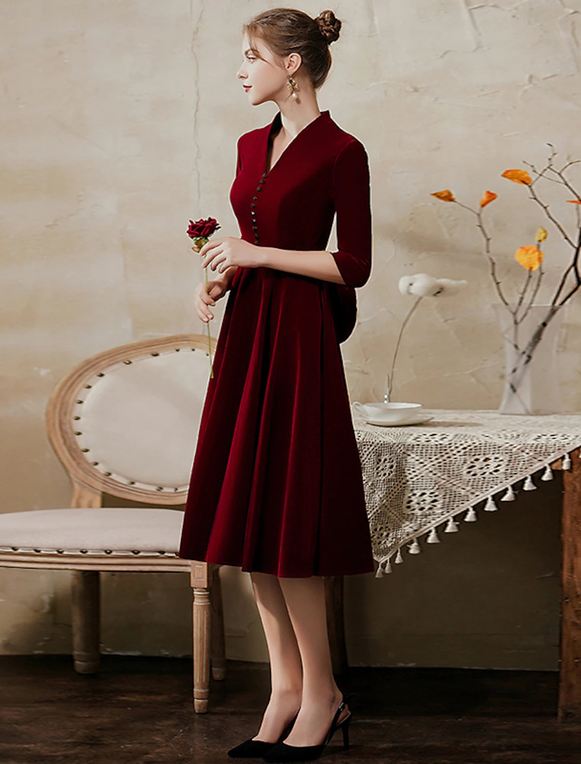 A-Line Minimalist Vintage Party Wear Cocktail Party Dress V Neck Half Sleeve Tea Length Velvet with Sleek