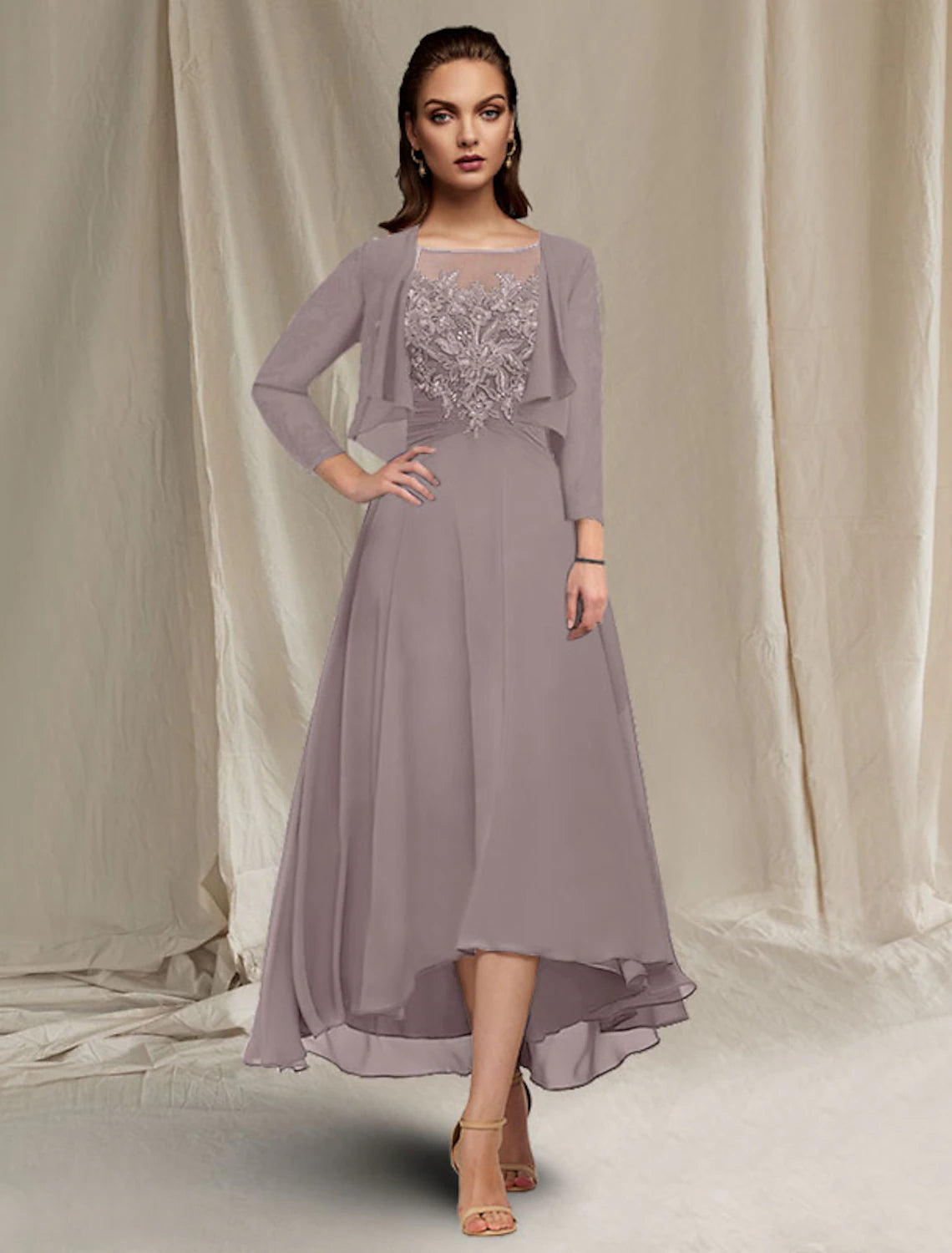 A-Line Mother of the Bride Dress Elegant High Low Jewel Neck Asymmetrical Tea Length Chiffon Lace Short Sleeve Wrap Included with Ruched Sequin Appliques