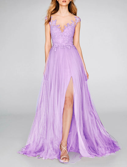 A-Line Evening Gown Party Dress Sexy Dress Engagement Prom Court Train Sleeveless V Neck Chiffon with Slit Appliques