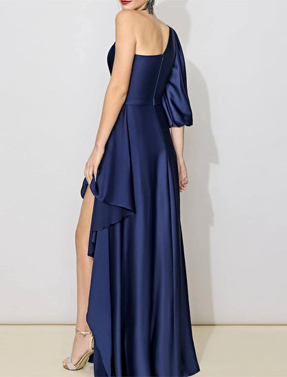 A-Line Bridesmaid Dress One Shoulder Half Sleeve Elegant Floor Length Satin with Ruching