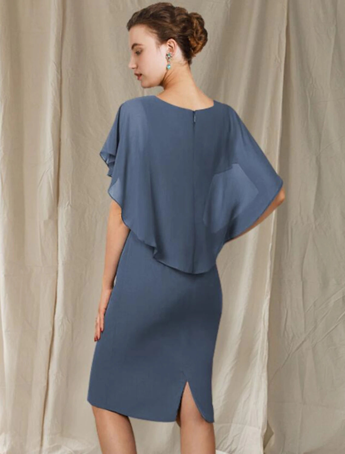 Sheath / Column Mother of the Bride Dress Simple Elegant V Neck Knee Length Chiffon Short Sleeve with Ruffles