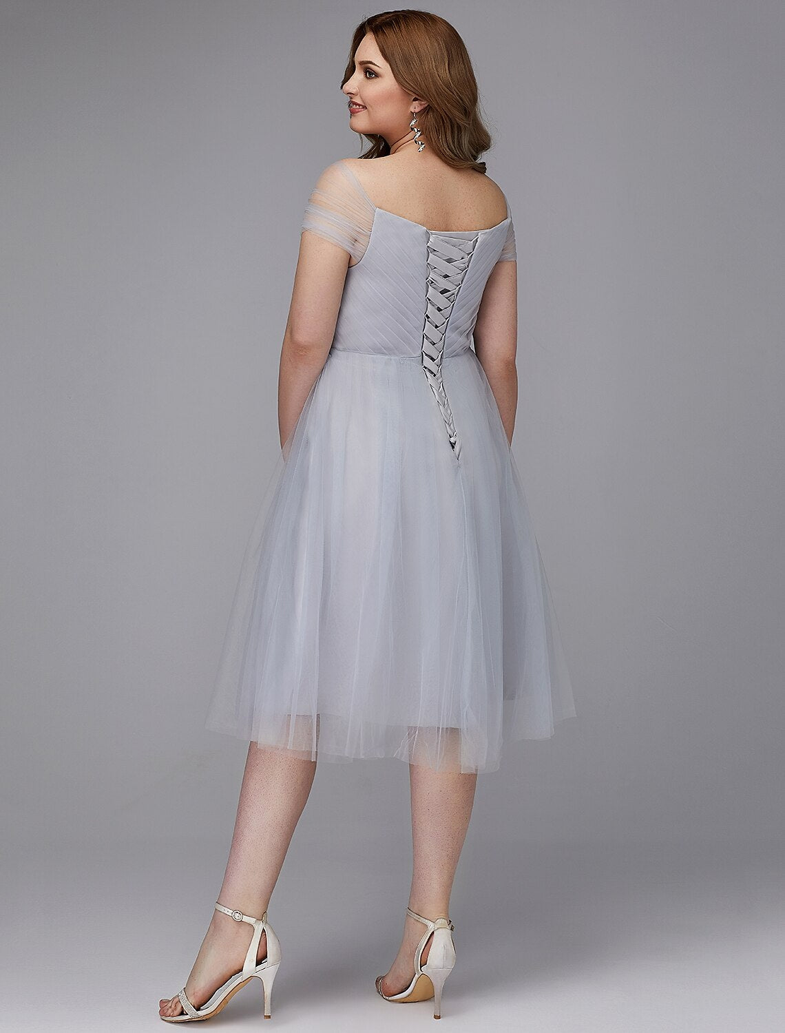 A-Line Elegant Dress Wedding Guest Tea Length Short Sleeve Off Shoulder Tulle with Sash / Ribbon