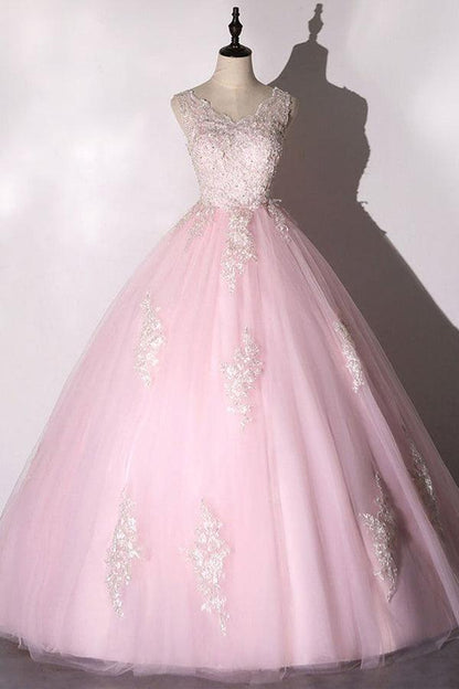 Tulle Ball Gown Pink Prom Dress Applique Evening Dress