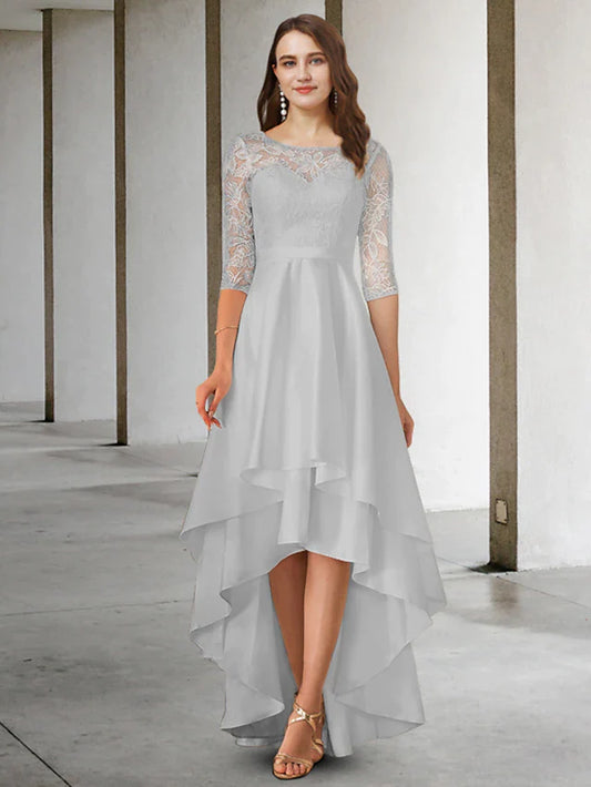 A-Line Mother of the Bride Dress Elegant High Low Jewel Neck Asymmetrical Chiffon Lace Half Sleeve with Appliques Cascading Ruffles