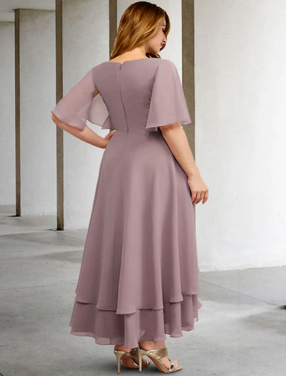 A-Line Mother of the Bride Dresses Plus Size Hide Belly Curve Elegant Dress Formal Asymmetrical Short Sleeve V Neck Chiffon with Ruffles Appliques