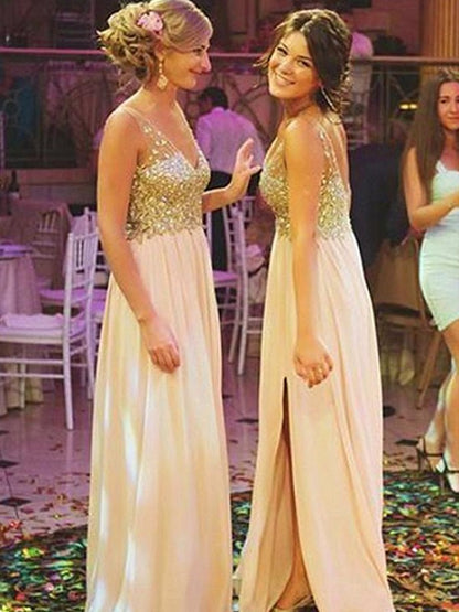 A-Line/Princess V-neck Sleeveless Sweep/Brush Train Sequin Chiffon Bridesmaid Dresses