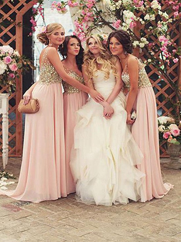 A-Line/Princess V-neck Sleeveless Sweep/Brush Train Sequin Chiffon Bridesmaid Dresses