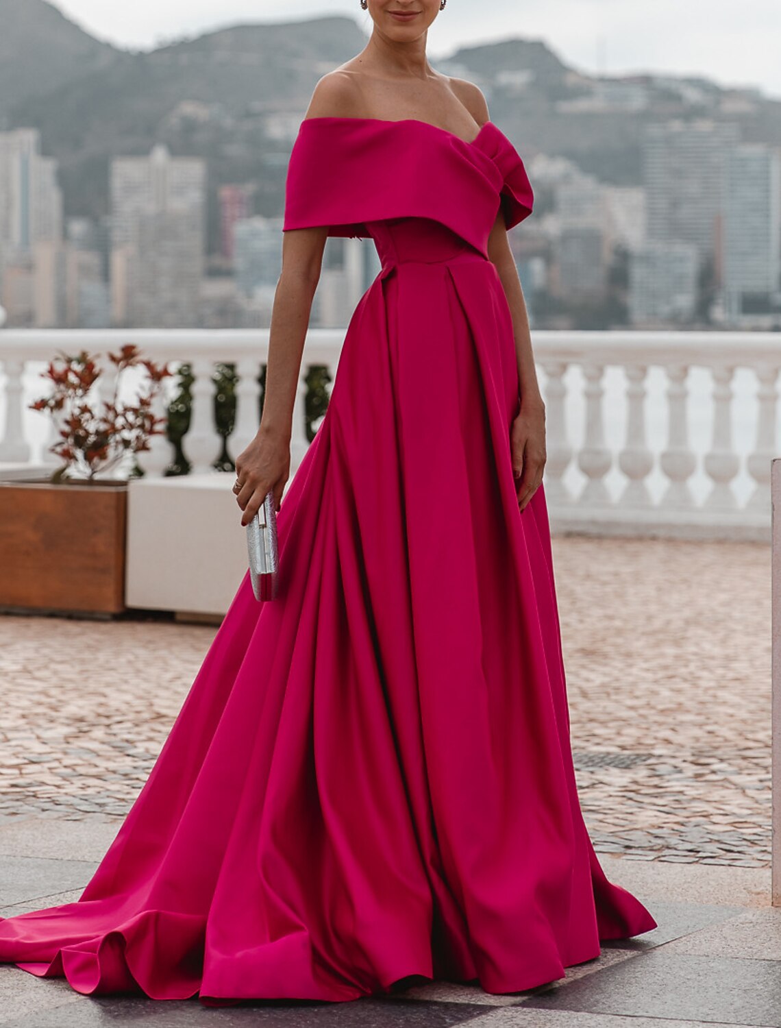 A-Line Evening Gown Party Dress Celebrity Style Dress Formal Wedding Court Train Sleeveless Off Shoulder Bridesmaid Dress Satin with Ruched Slit