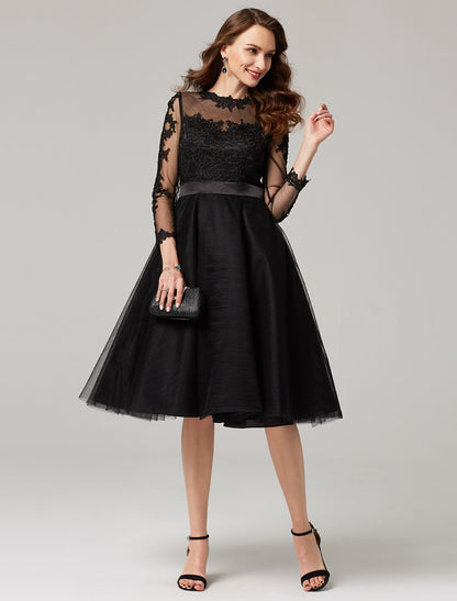 A-Line Elegant Dress Wedding Guest Knee Length 3/4 Length Sleeve Illusion Neck Tulle Over Lace with Appliques