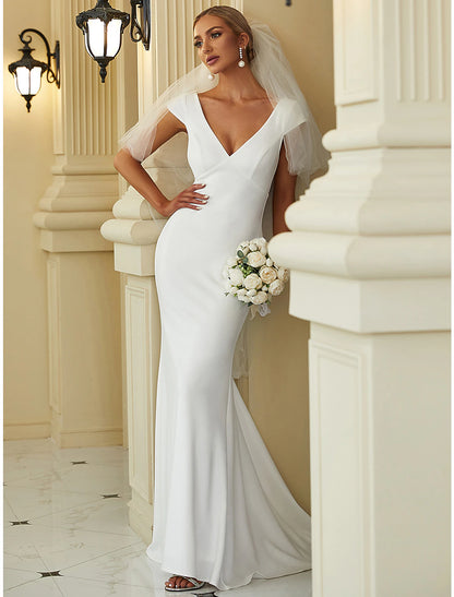 Reception Casual Wedding Dresses Mermaid / Trumpet V Neck Cap Sleeve Sweep / Brush Train Stretch Fabric Bridal Gowns With Draping Solid Color