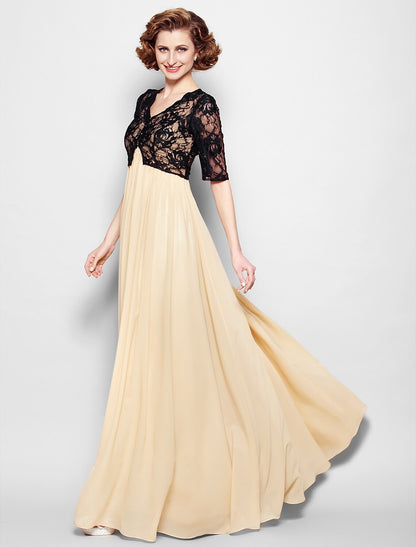 A-Line Mother of the Bride Dress Wrap Included V Neck Floor Length Chiffon Lace Half Sleeve yes with Lace