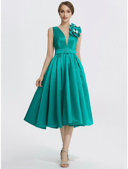 A-Line Cocktail Dresses Elegant Dress Formal Tea Length Sleeveless V Neck Satin with Appliques