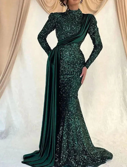 Mermaid / Trumpet Evening Gown Sparkle Dress Wedding Guest Prom Sweep / Brush Train Long Sleeve High Neck Sequined with Ruched Sequin