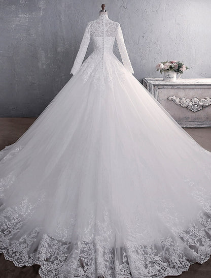 Engagement Formal Fall Wedding Dresses Ball Gown High Neck Long Sleeve Court Train Lace Church Bridal Gowns With Appliques