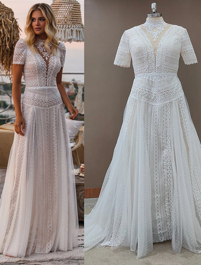 Beach Boho Wedding Dresses A-Line Illusion Neck Short Sleeve Court Train Lace Outdoor Bridal Gowns With Appliques