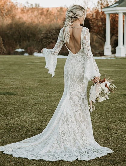 Beach Boho Wedding Dresses Mermaid / Trumpet V Neck Long Sleeve Court Train Lace Bridal Gowns With Appliques Solid Color