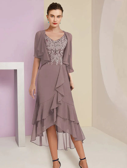 Two Piece A-Line Mother of the Bride Dress Formal Fall Wedding Guest Elegant High Low V Neck Asymmetrical Tea Length Chiffon Lace Short Sleeve 3/4 Length Sleeve Wrap Included with Appliques