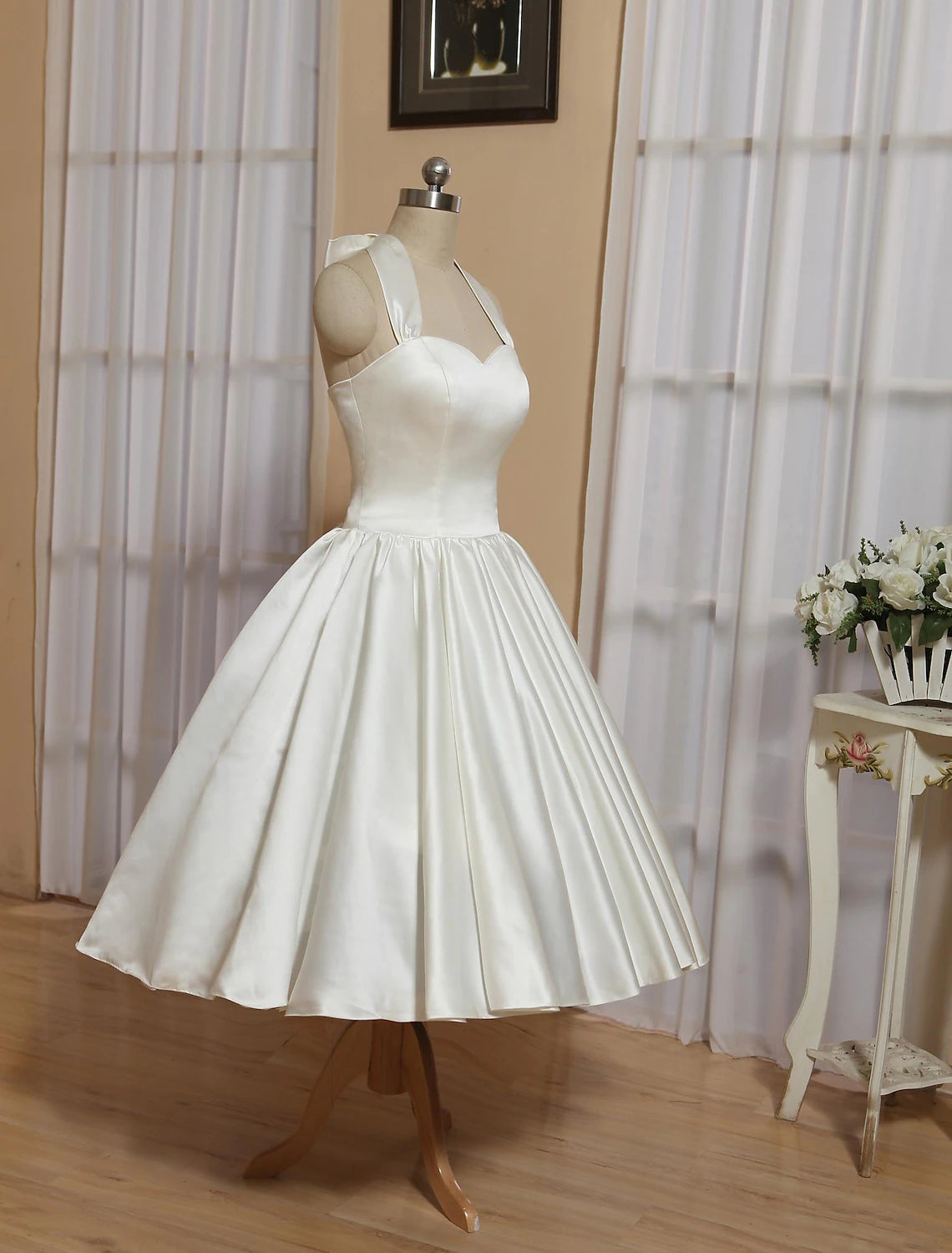 Reception Little White Dresses Wedding Dresses A-Line Halter Sleeveless Tea Length Satin Bridal Gowns With Bow(s) Pleats