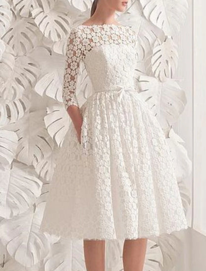 Reception Little White Dresses Fall Wedding Dresses A-Line Scoop Neck 3/4 Length Sleeve Knee Length Lace Bridal Gowns With Sashes / Ribbons Appliques