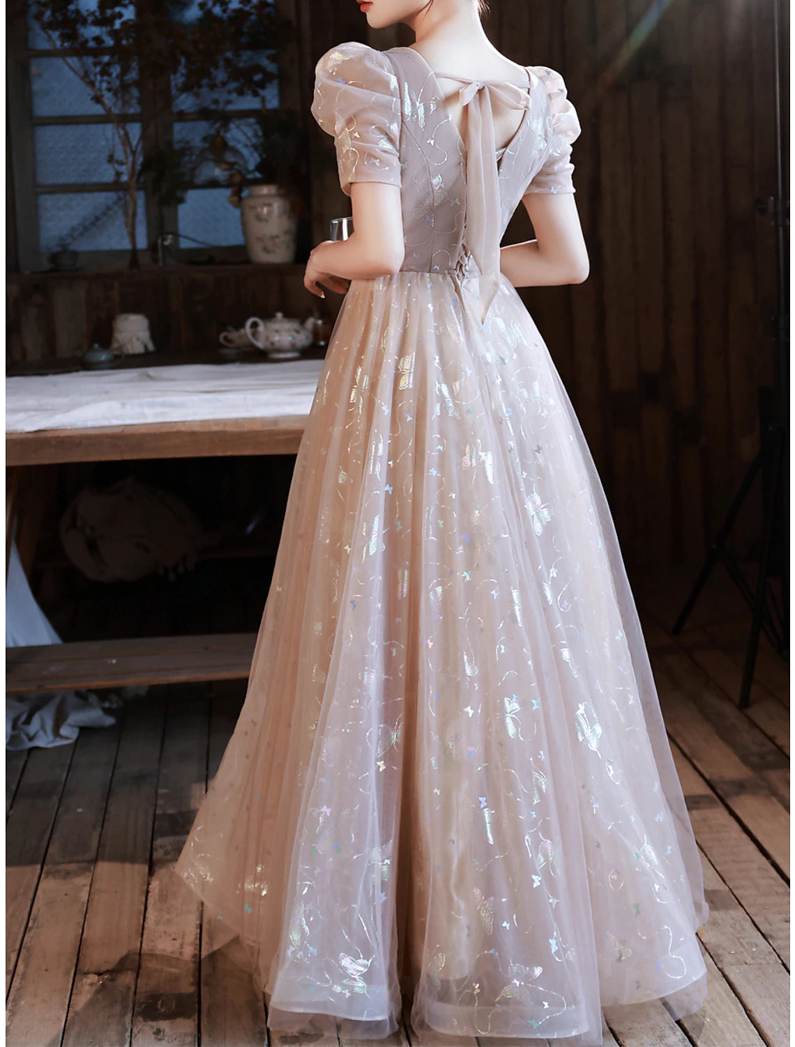 A-Line Prom Dresses Elegant Dress Party Wear Prom Floor Length Half Sleeve Sweetheart Satin with Appliques Strappy