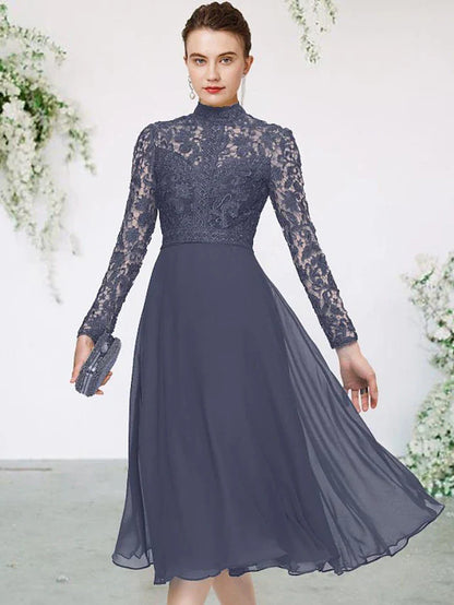 A-Line Mother of the Bride Dress Elegant High Neck Tea Length Chiffon Lace Long Sleeve with Appliques Solid Color