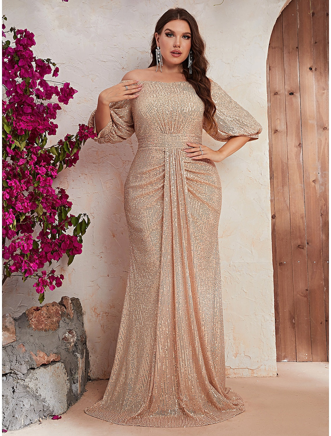 A-Line Wedding Guest Dresses Sparkle Plus Size Dress Sequin Formal Evening Party Dress Floor Length Long Sleeve Off Shoulder