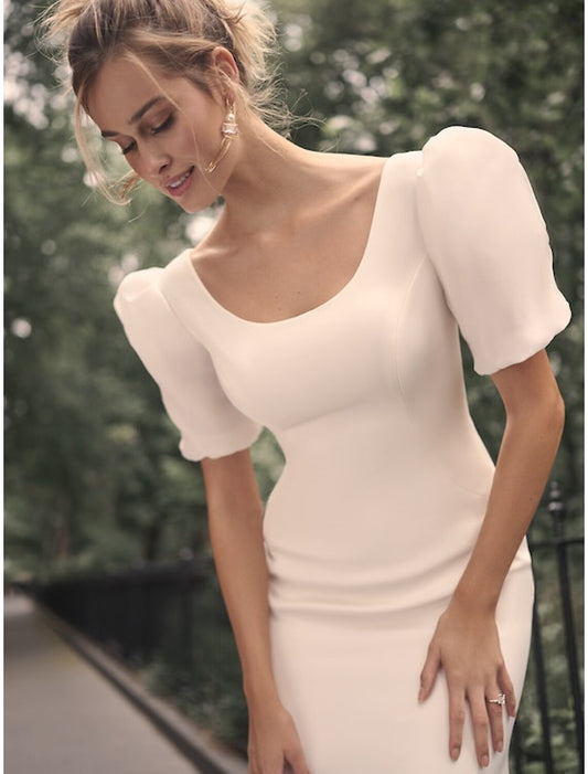 Hall Casual Fall Wedding Dresses Mermaid / Trumpet Scoop Neck Short Sleeve Court Train Satin Bridal Gowns With Solid Colo