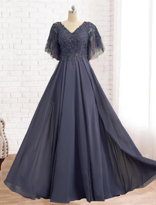 A-Line Mother of the Bride Dress Plus Size Elegant V Neck Floor Length Chiffon Lace Short Sleeve with Pleats Beading Appliques