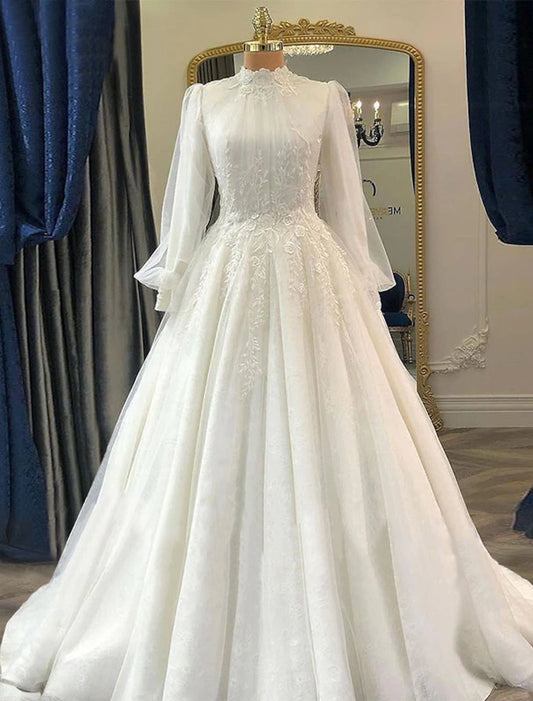 Engagement Vintage 1940s / 1950s Formal Wedding Dresses Ball Gown High Neck Long Sleeve Court Train Lace Bridal Gowns With Pleats