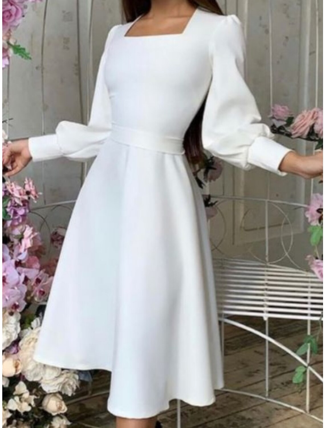 Little White Dresses Wedding Dresses A-Line Square Neck Long Sleeve Tea Length Satin Bridal Gowns With Pleats Solid Color