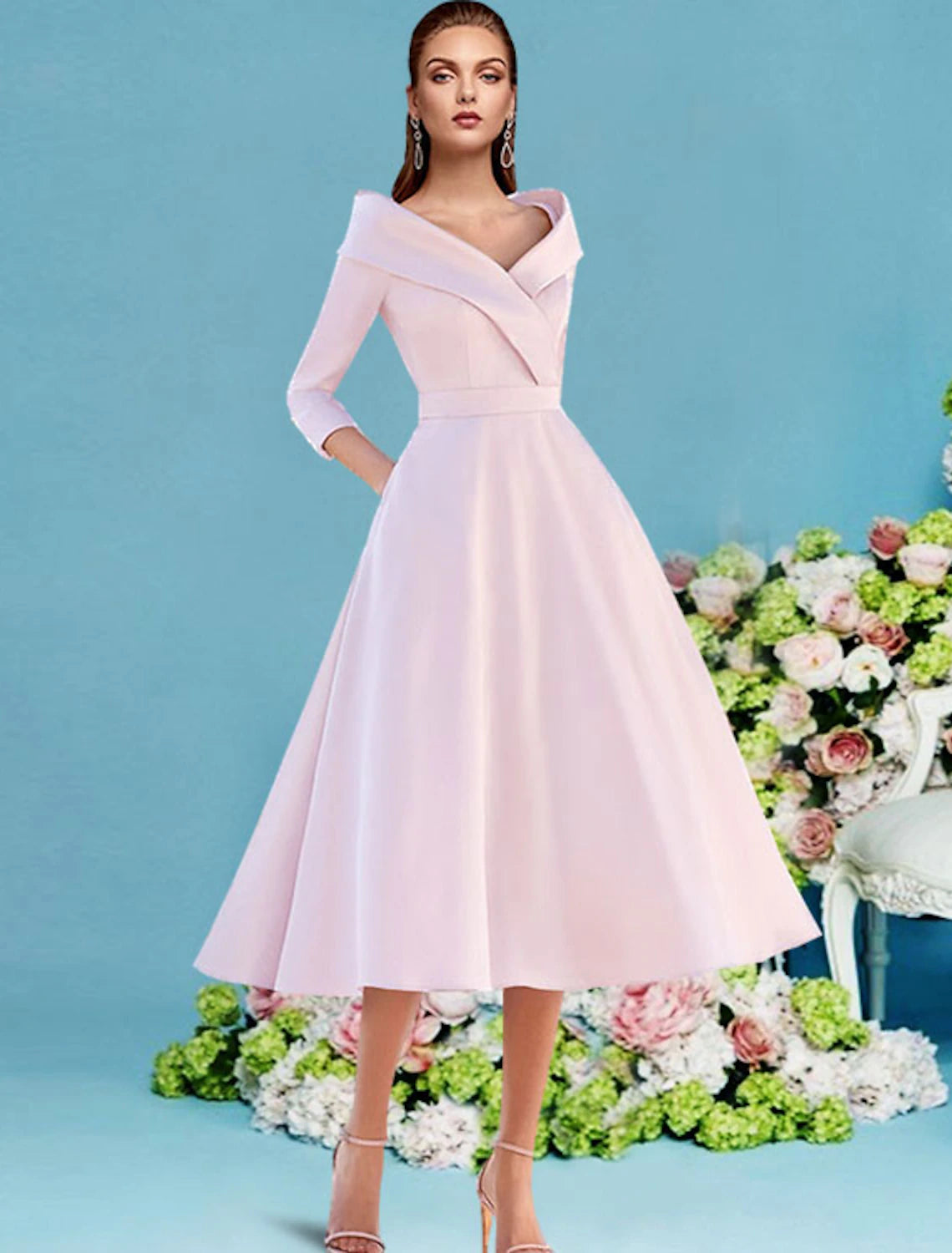 A-Line Mother of the Bride Dress Wedding Guest Vintage Elegant V Neck Tea Length Satin 3/4 Length Sleeve with Pleats