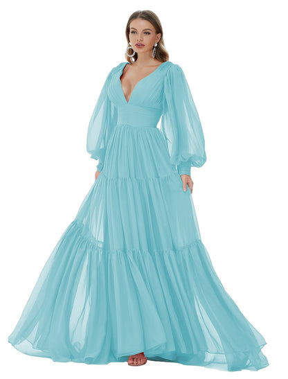 A-Line Evening Gown Sexy Dress Party Wear Sweep / Brush Train Long Sleeve V Neck Chiffon with Ruched