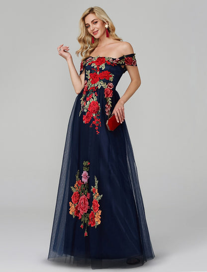 A-Line Prom Dresses Floral Dress Wedding Guest Floor Length Sleeveless Off Shoulder Lace Over Tulle with Embroidery Appliques