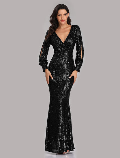 Mermaid / Trumpet Evening Gown Sparkle Dress Party Dress Wedding Guest Floor Length Long Sleeve V Neck Sequined with Sequin