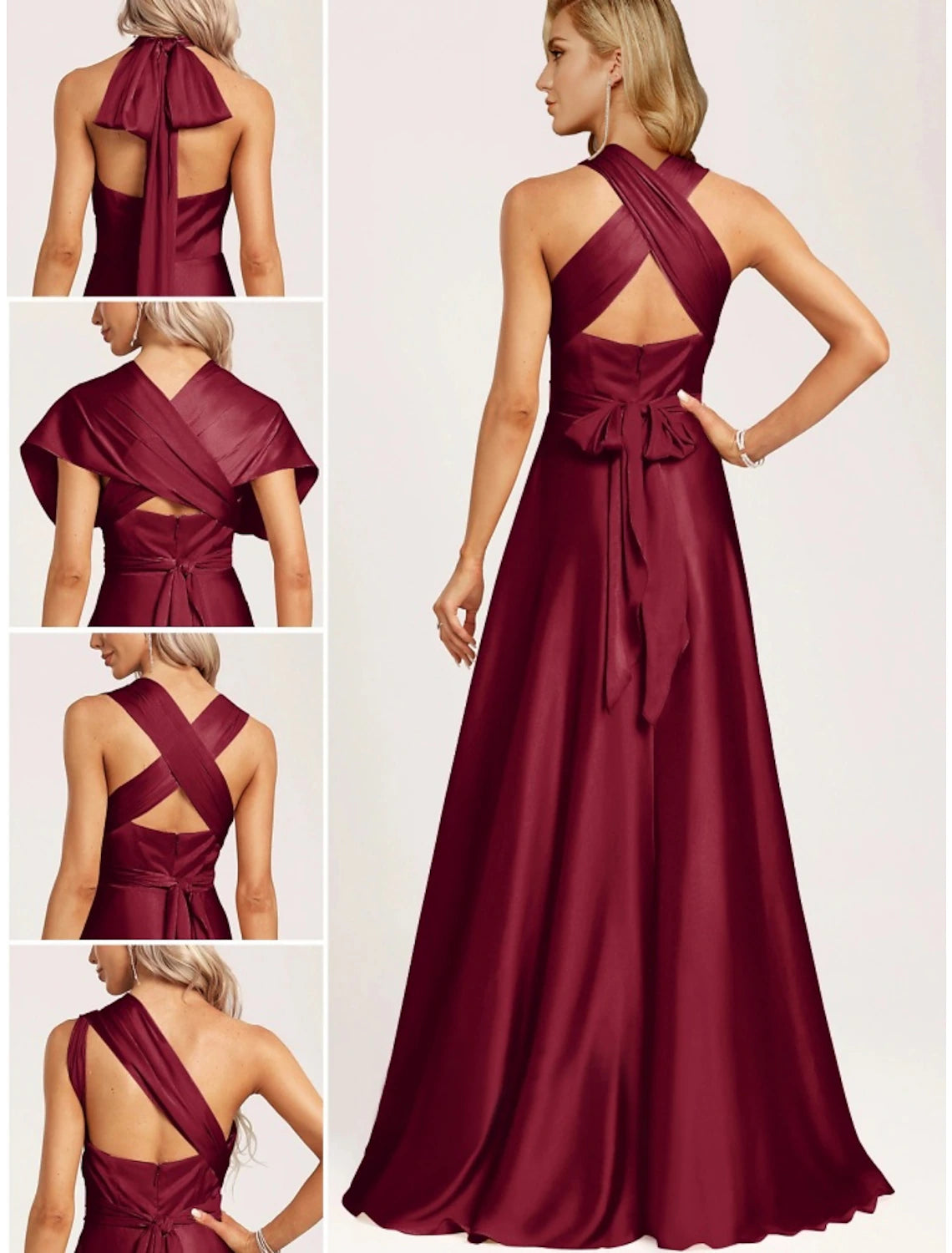 A-Line Bridesmaid Dress Halter Neck Sleeveless Elegant Floor Length Stretch Satin with Split Front / Ruching