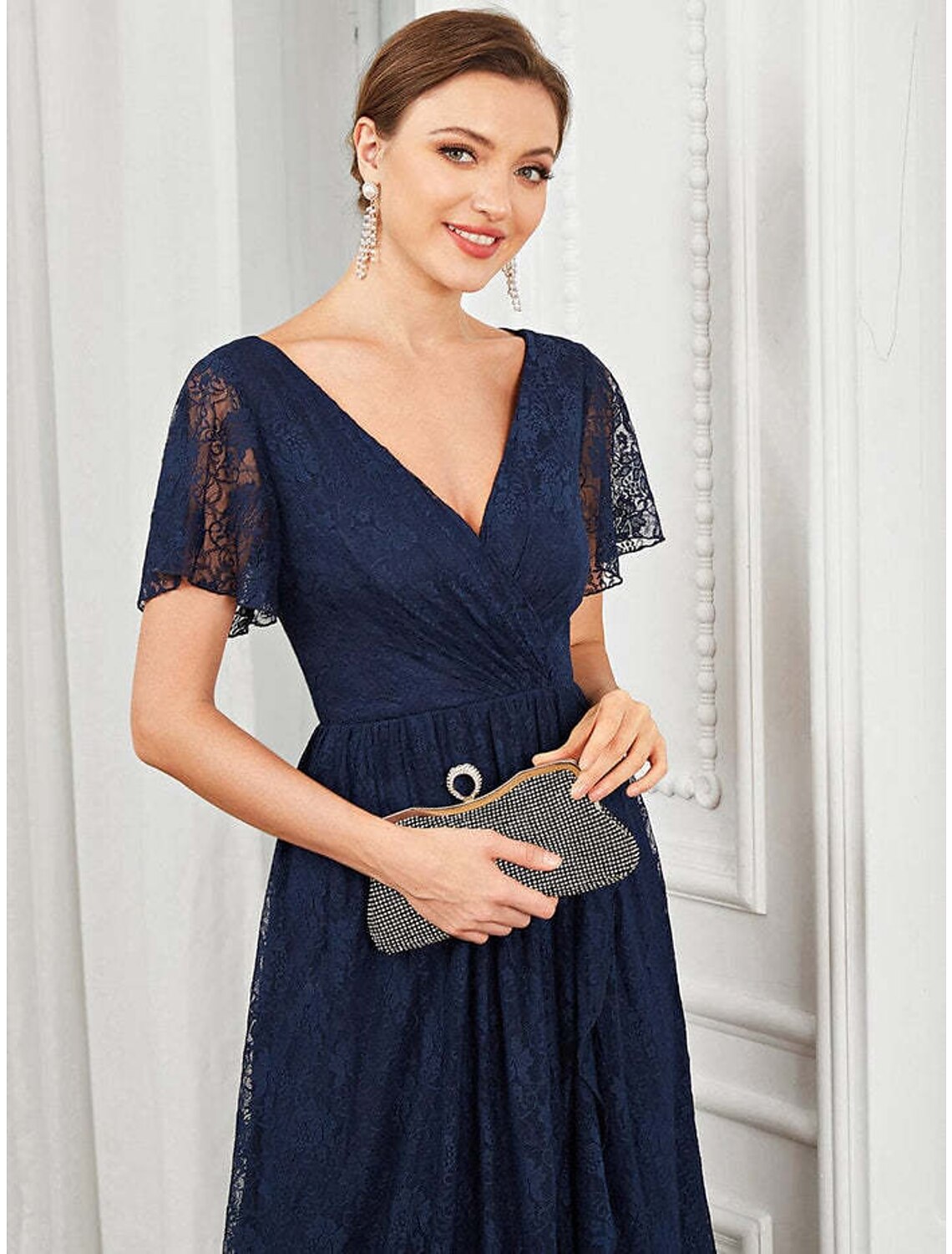 A-Line Wedding Guest Dresses Elegant Dress Holiday Asymmetrical Short Sleeve V Neck Lace with Appliques