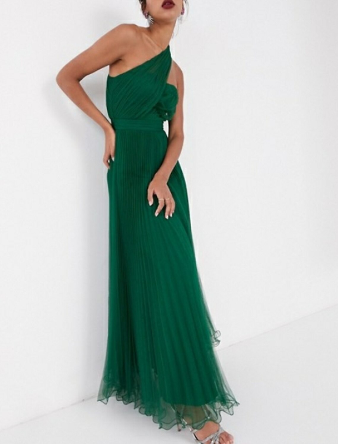 A-Line Maxi Wedding Guest Prom Dress One Shoulder Sleeveless Ankle Length Chiffon with Pleats Ruched