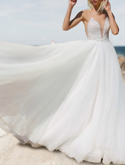 Beach Open Back Boho Wedding Dresses A-Line Sweetheart Sleeveless Court Train Tulle Bridal Gowns With Solid Color