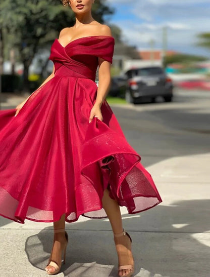 A-Line Cocktail Dresses Vintage Dress Wedding Guest Christmas Red Green Dress Tea Length Sleeveless Off Shoulder Tulle with Pleats